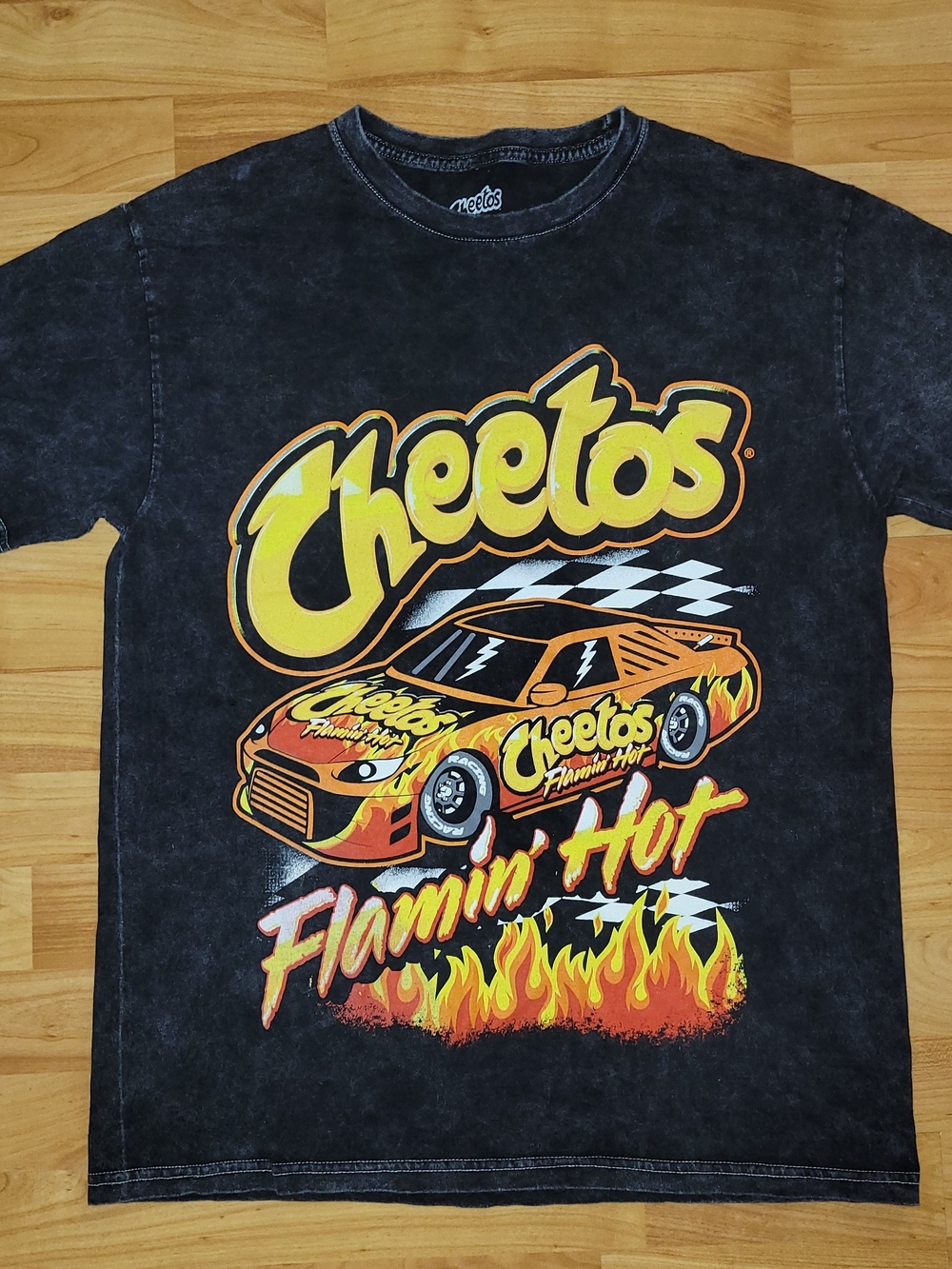 Cheetos Flamin' Hot Nascar Racing Graphic Tee Black Acid Wash, Large
